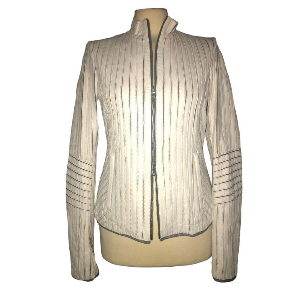 LaMarque deconstructed leather Moto styled, fitted jacket, White, size Small